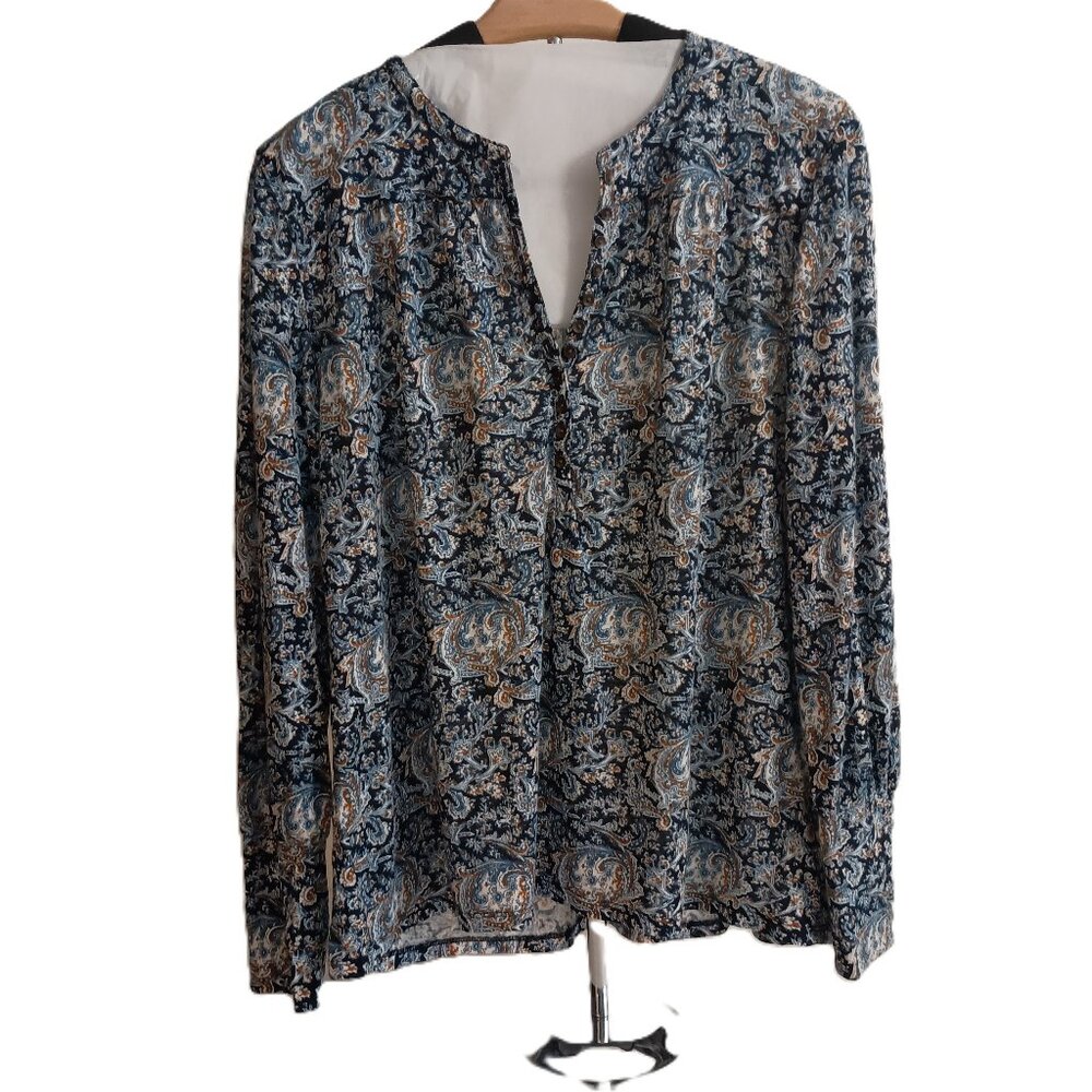 Lucky Brand Jersey Top Blue Printed V-Neck Button Front Women’s Size Large EUC